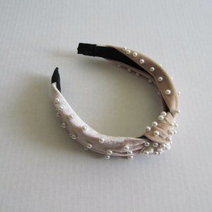 New Women’s Pearl Like Beads Beige Velvet Jeweled Hairband/Headband